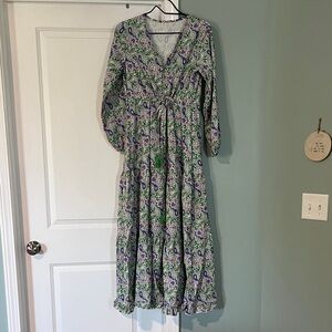 Floral V-Neck Long Sleeve Maxi Dress in Green & Purple